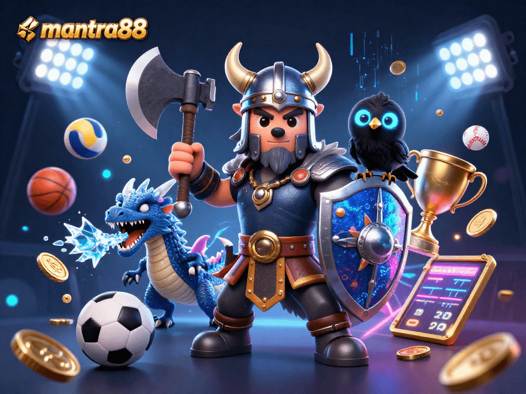 Experience excitement with mantra88 in a vibrant 3D cartoon gaming scene with dynamic sports elements.