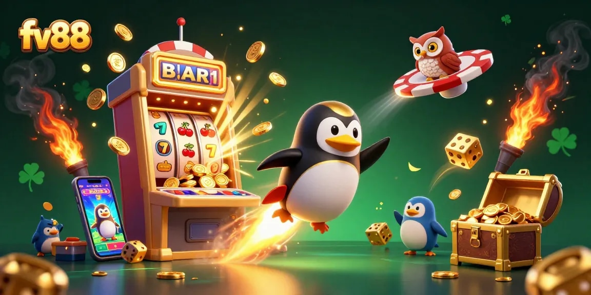 Experience the thrill of fv88 as a golden penguin soars through a dazzling casino universe.