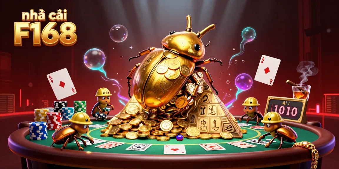 Experience the immersive world of nhà cái F168 with golden beetles and vibrant casino elements.