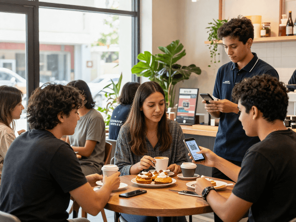 Engaging scene of a loyalty application in use at a modern café with customers earning rewards.