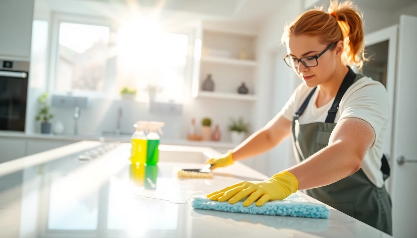 Bond cleaning in progress with a professional cleaner scrubbing a countertop, showcasing effective cleaning techniques.