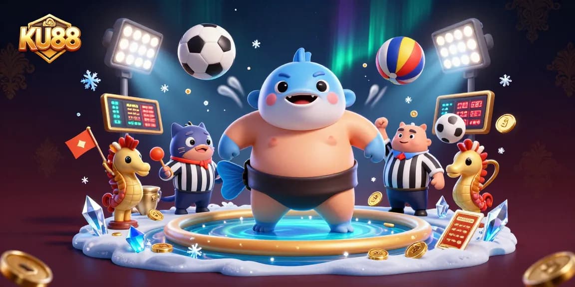Join the excitement at KU88 in this colorful casino underwater scene with dynamic sports elements.