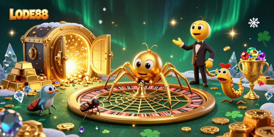 Experience thrilling gameplay with LODE88 featuring a golden spider and roulette wheel.