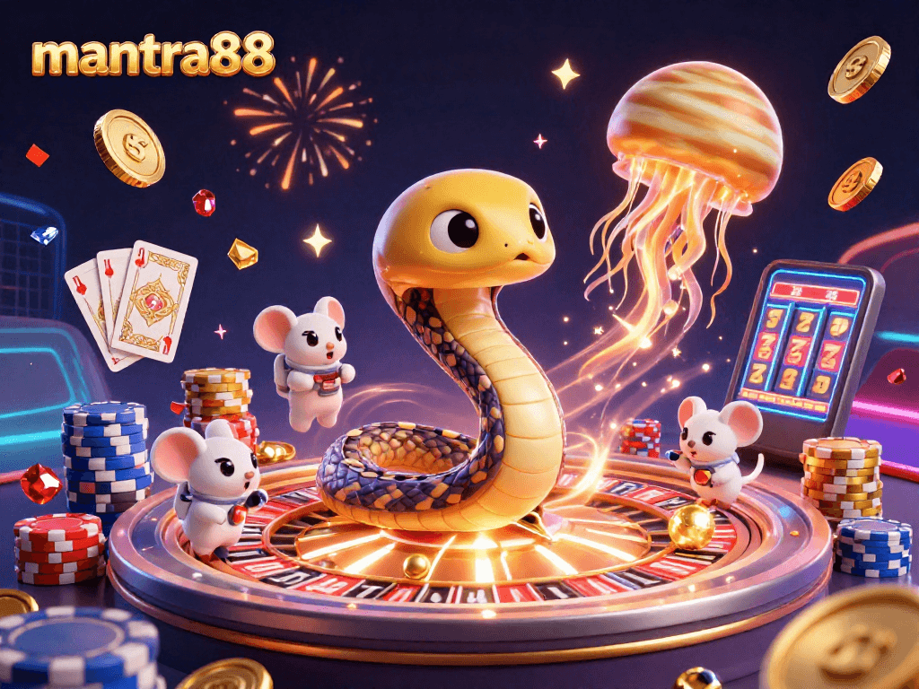 Place bets on mantra88 at a cosmic casino featuring a Saturn ring roulette and vibrant characters.