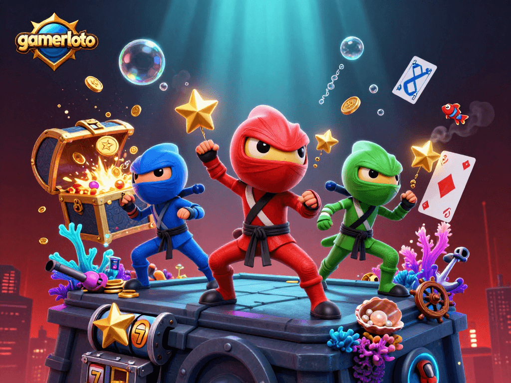 Experience thrilling action with gamerloto's chameleon ninjas on a rooftop surrounded by dynamic casino elements.