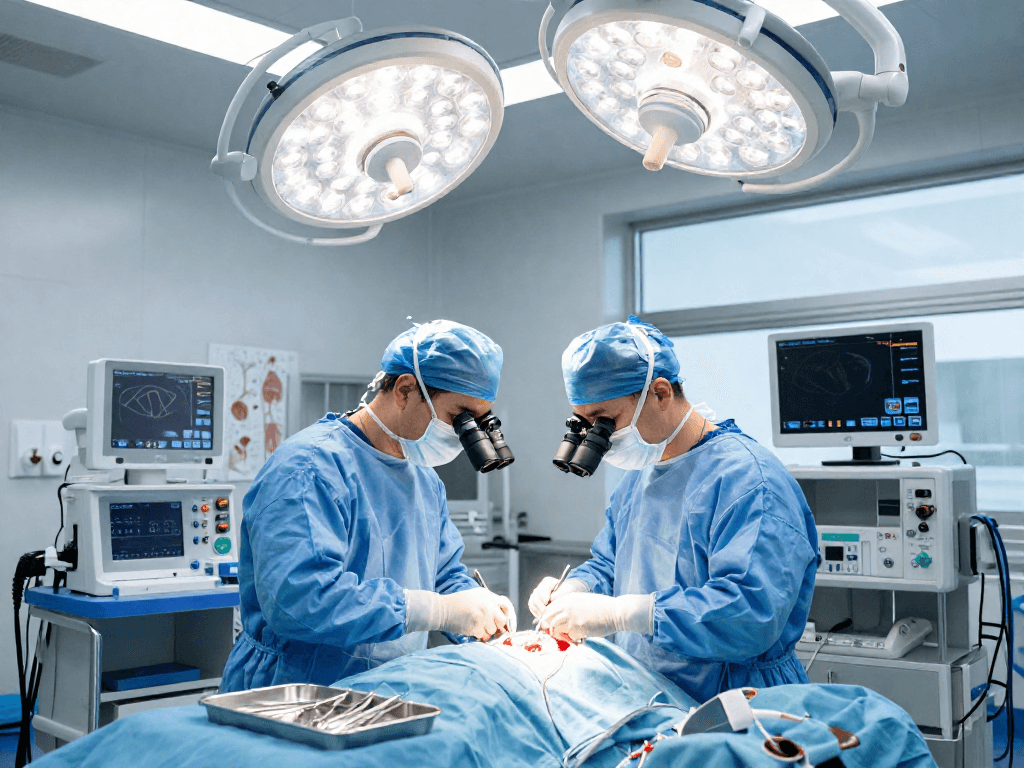 Beyin tümörü ameliyatı in action with a neurosurgeon performing surgery in a modern operating room.