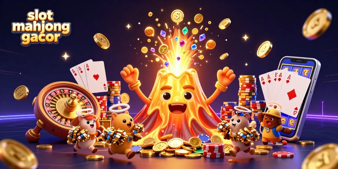 Experience slot mahjong gacor with a 3D golden volcano erupting treasures and vibrant casino elements.