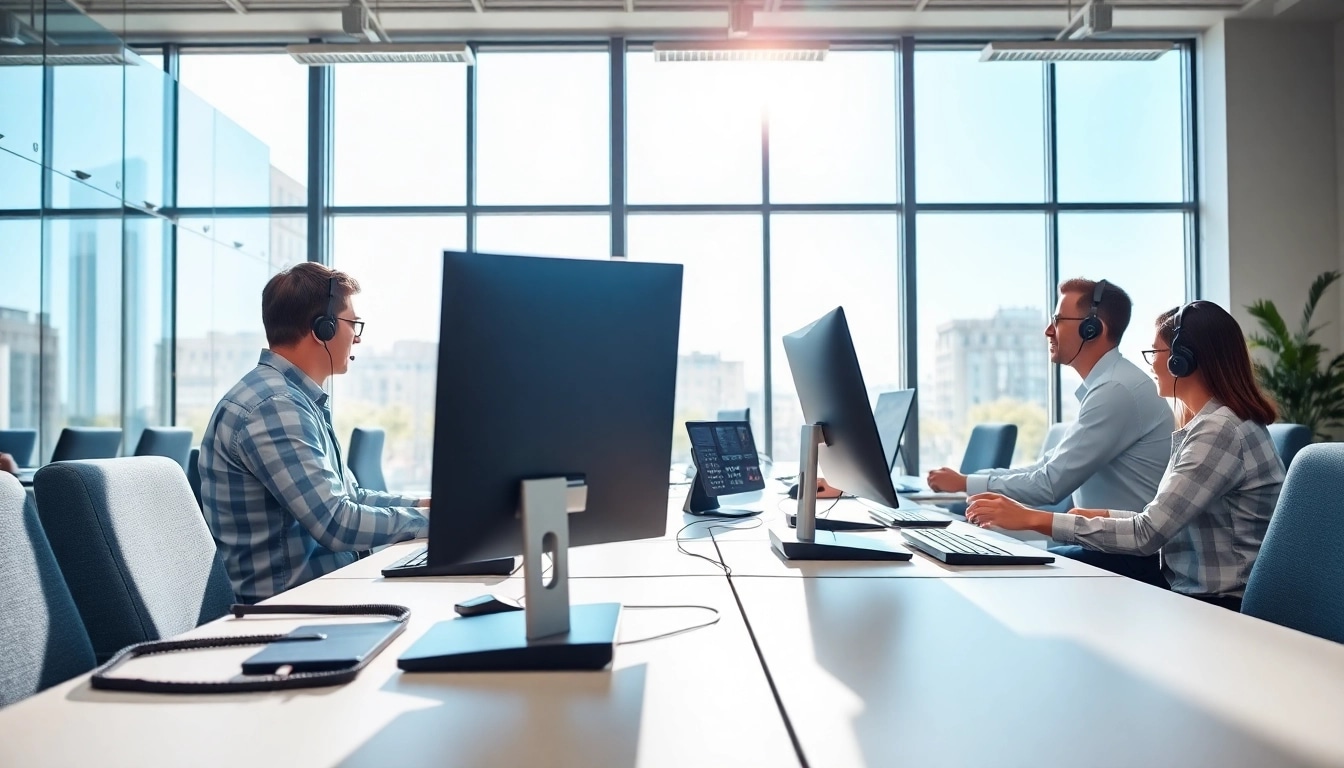 Showcase of business VoIP Glasgow in a modern office setting, highlighting sleek technology and collaboration.
