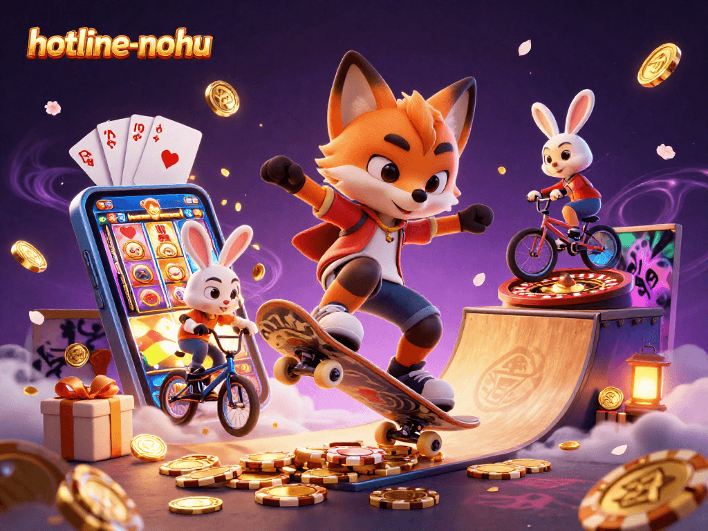 Experience thrilling action in hotline-nohu with a fox skateboarder and BMX-riding rabbit amid vibrant casino elements.
