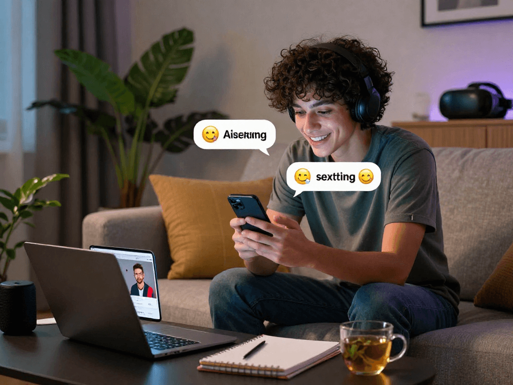 An engaging ai sexting scene showing a person on a smartphone with intimate chat bubbles in a cozy living room setting.
