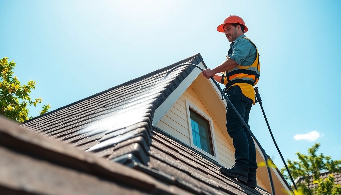Roof Cleaning professional demonstrating eco-friendly techniques on a residential rooftop.