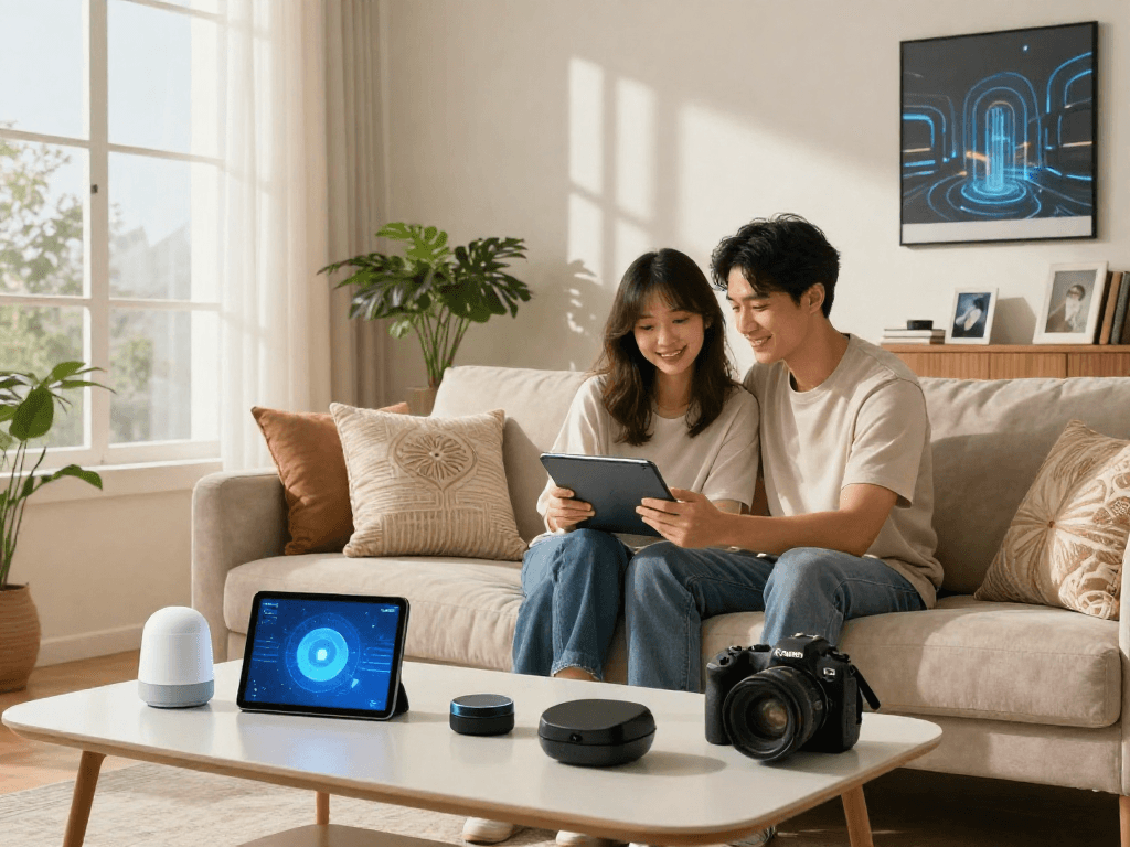 Couple engaging with an AI girlfriend on a tablet in a cozy living room.