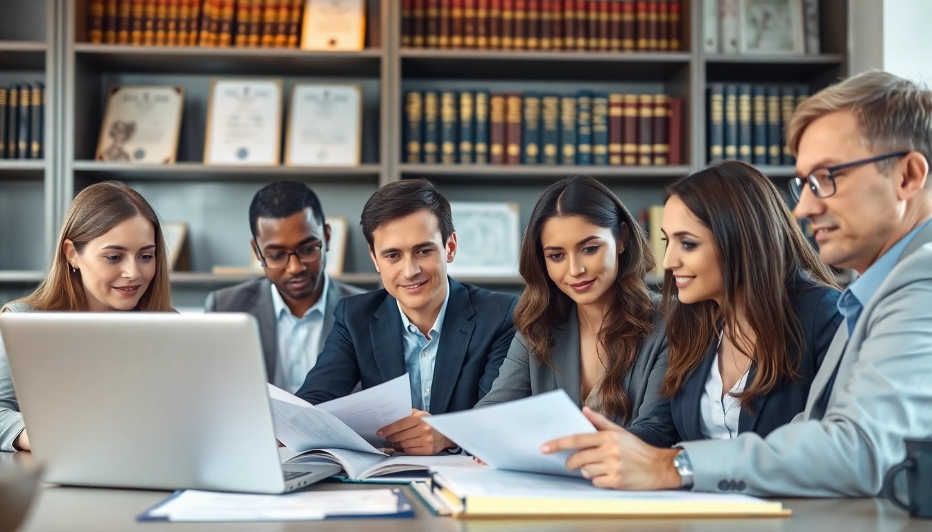 Find experienced lawyers near me in a modern law office, collaboratively discussing cases.