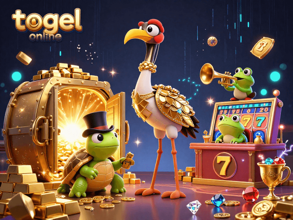 Engage in togel online excitement with vibrant 3D characters at a speakeasy casino scene filled with treasures.