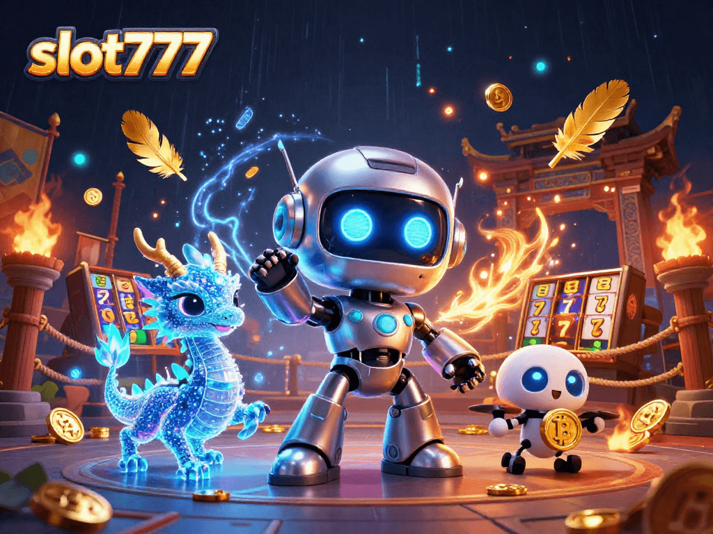 Experience exciting wins with slot777 in this vibrant 3D casino illustration filled with game elements.