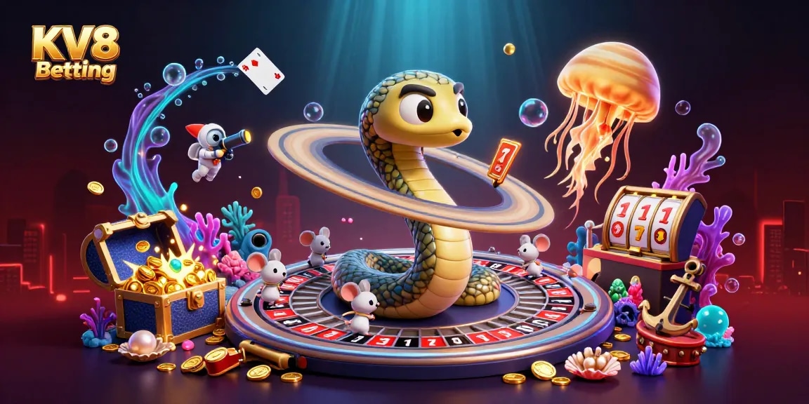 Spin the reels with KV8 Betting in a cosmic roulette wheel scene featuring casino elements.