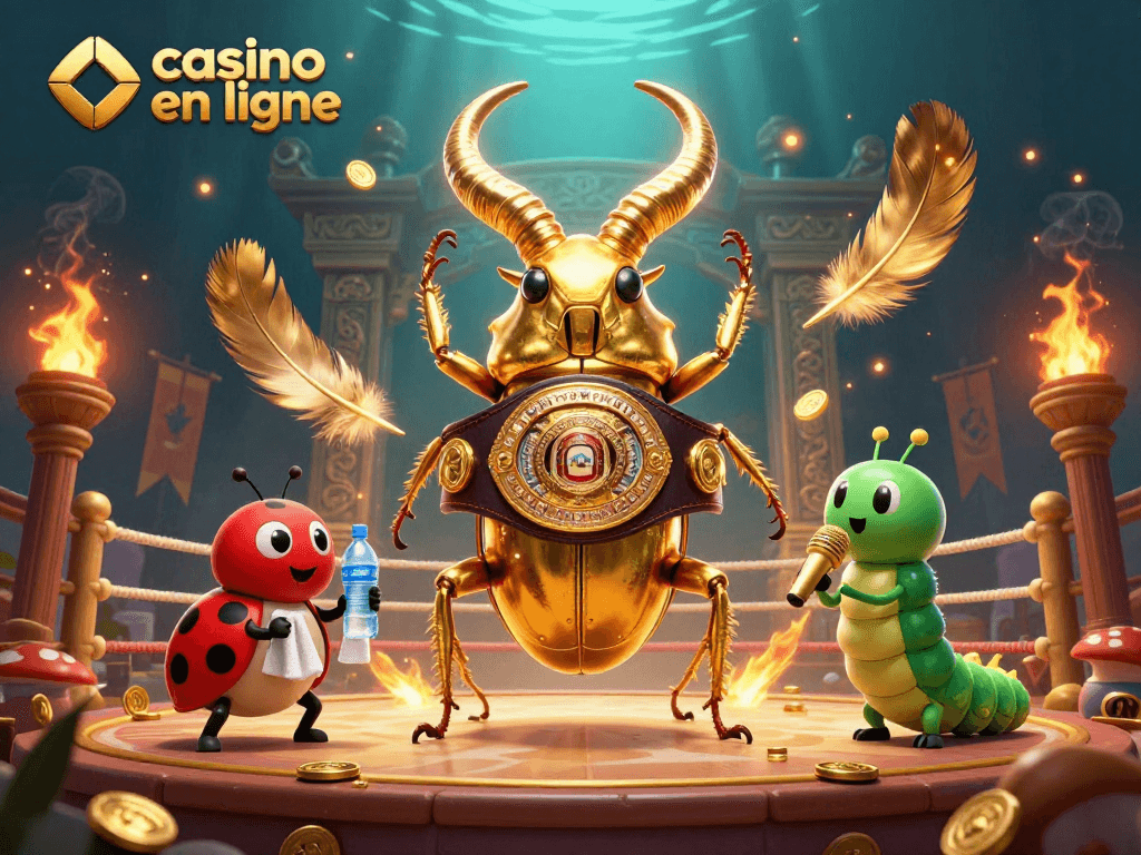 Manipuler des gains au casino en ligne avec un scarabée géant et un animateur dans une ambiance dynamique.