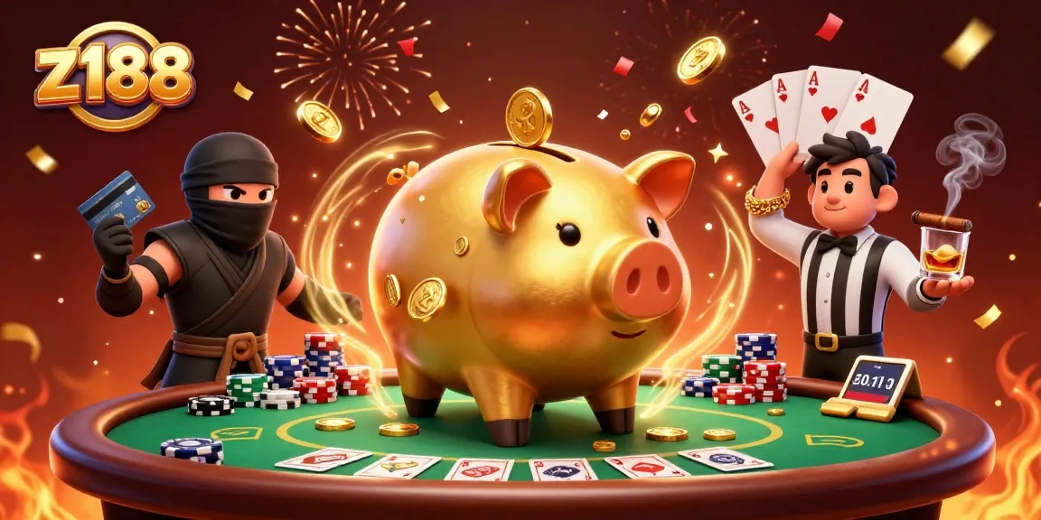 z188 players engage in a dynamic casino showdown featuring a golden piggy bank sumo wrestler and colorful poker elements.