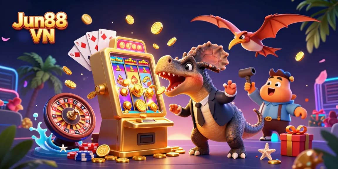 Experience the excitement of Jun88 VN as a dinosaur wins jackpots from a slot machine!