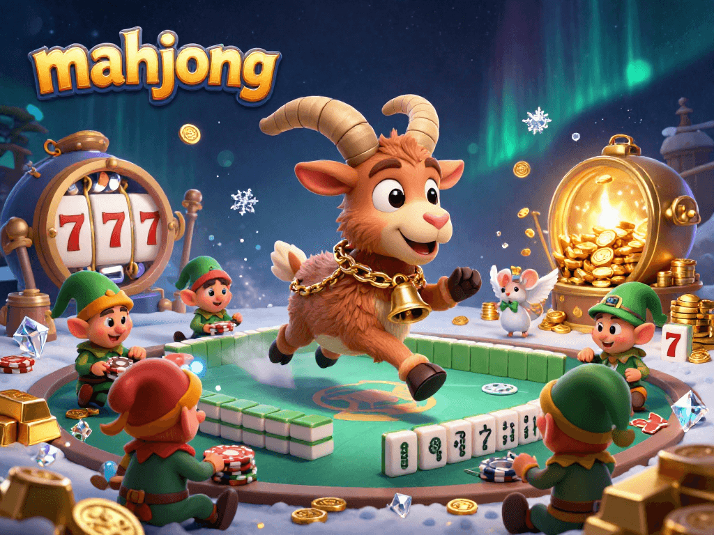 Engage in thrilling mahjong gameplay amidst a vibrant casino scene filled with excitement and treasure.