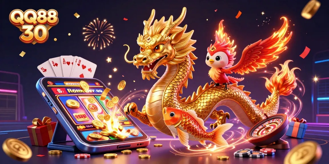 Experience excitement at QQ88 30 with a dazzling 3D casino scene featuring a golden dragon and vibrant game elements.
