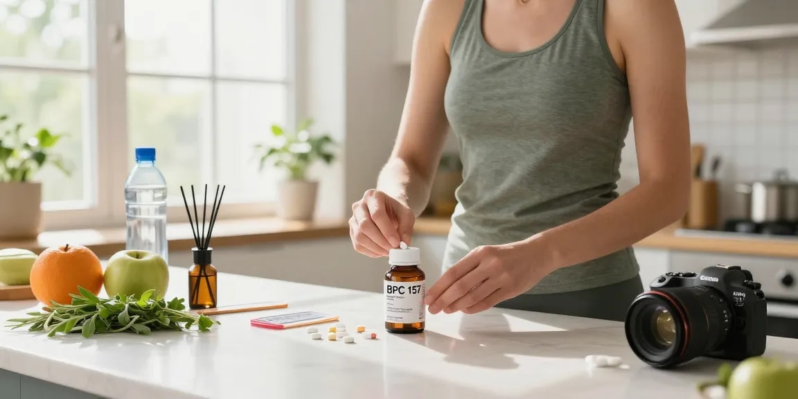BPC 157 Benefits showcased through a healthy lifestyle scene with buccal strips and fresh ingredients.