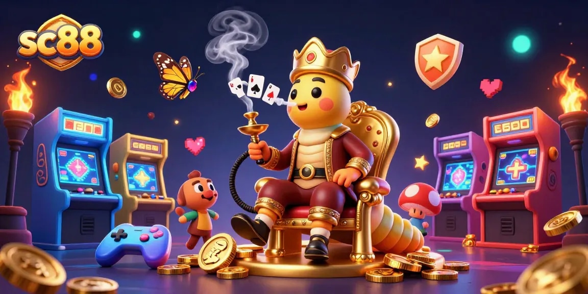 Engage with the vibrant sc88 gaming scene as a caterpillar hookah-master amidst glowing arcade elements.