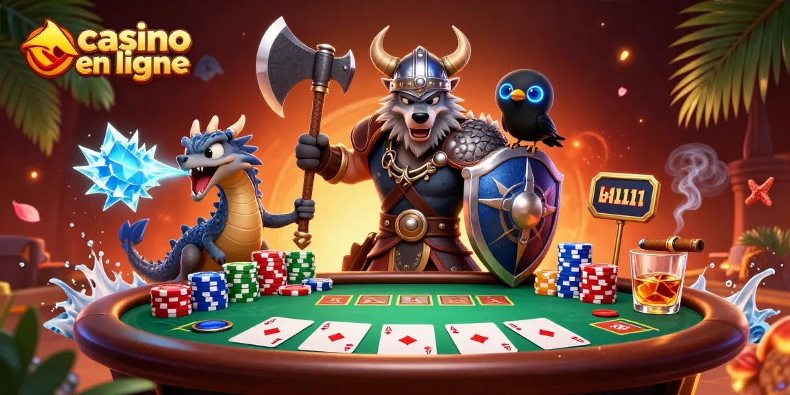 Jouez au casino en ligne avec ce guerrier Viking et son dragon dans une scène dynamique de poker.