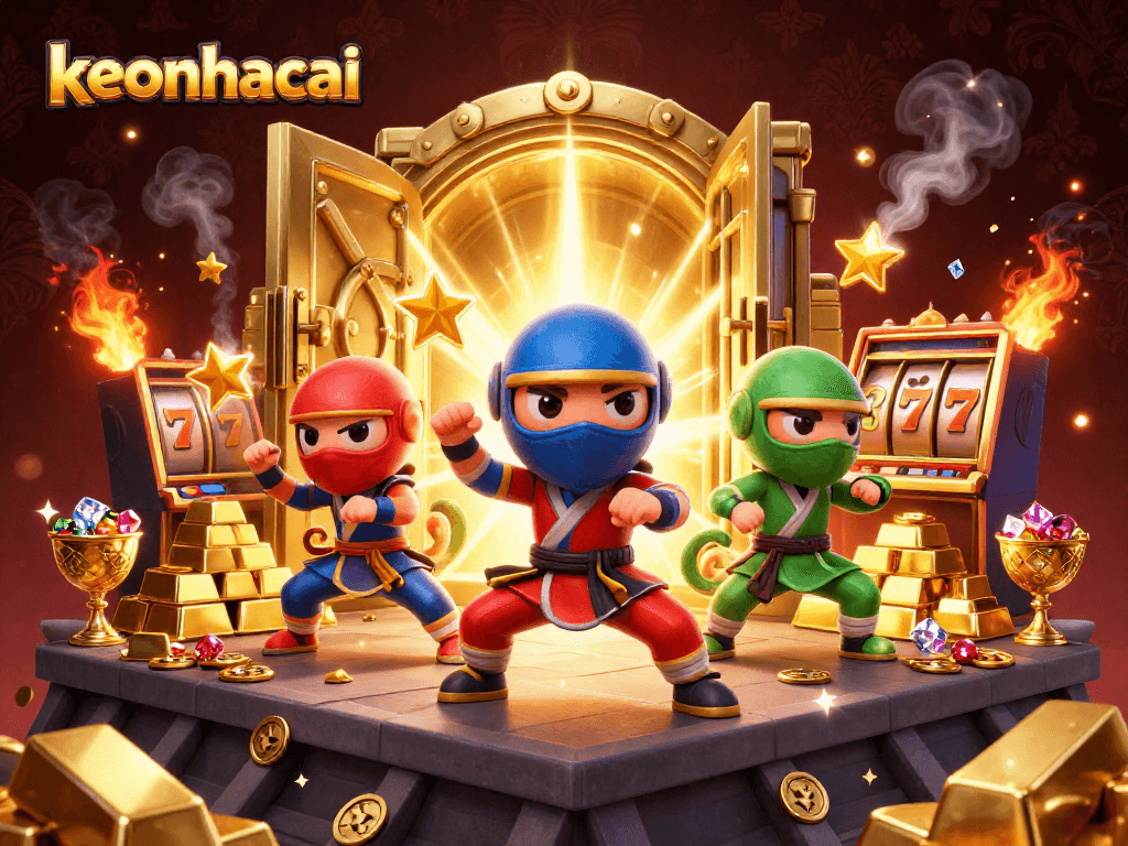 Engage with keonhacai through a dynamic illustration of ninja chameleons in a treasure-filled casino scene.