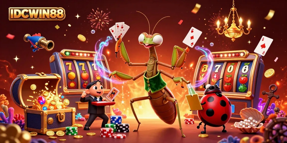 Spin and win with IDCWIN88 at the vibrant casino scene featuring card games and jackpot excitement.