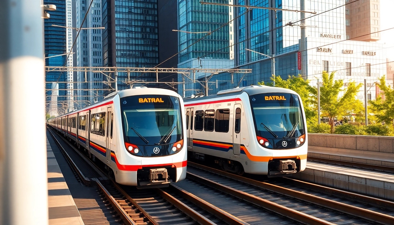 Showcasing innovative rail systems with modern trains in an urban landscape.