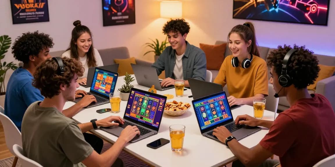 Exciting gaming scene depicting friends enjoying situs gacor slot games online in a cozy living room.