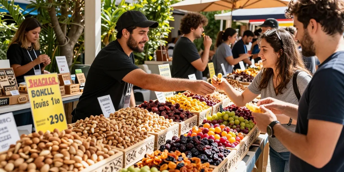 Fresh nuts and dried fruits on display with M98 ฝาก-ถอน promotion in vibrant marketplace.