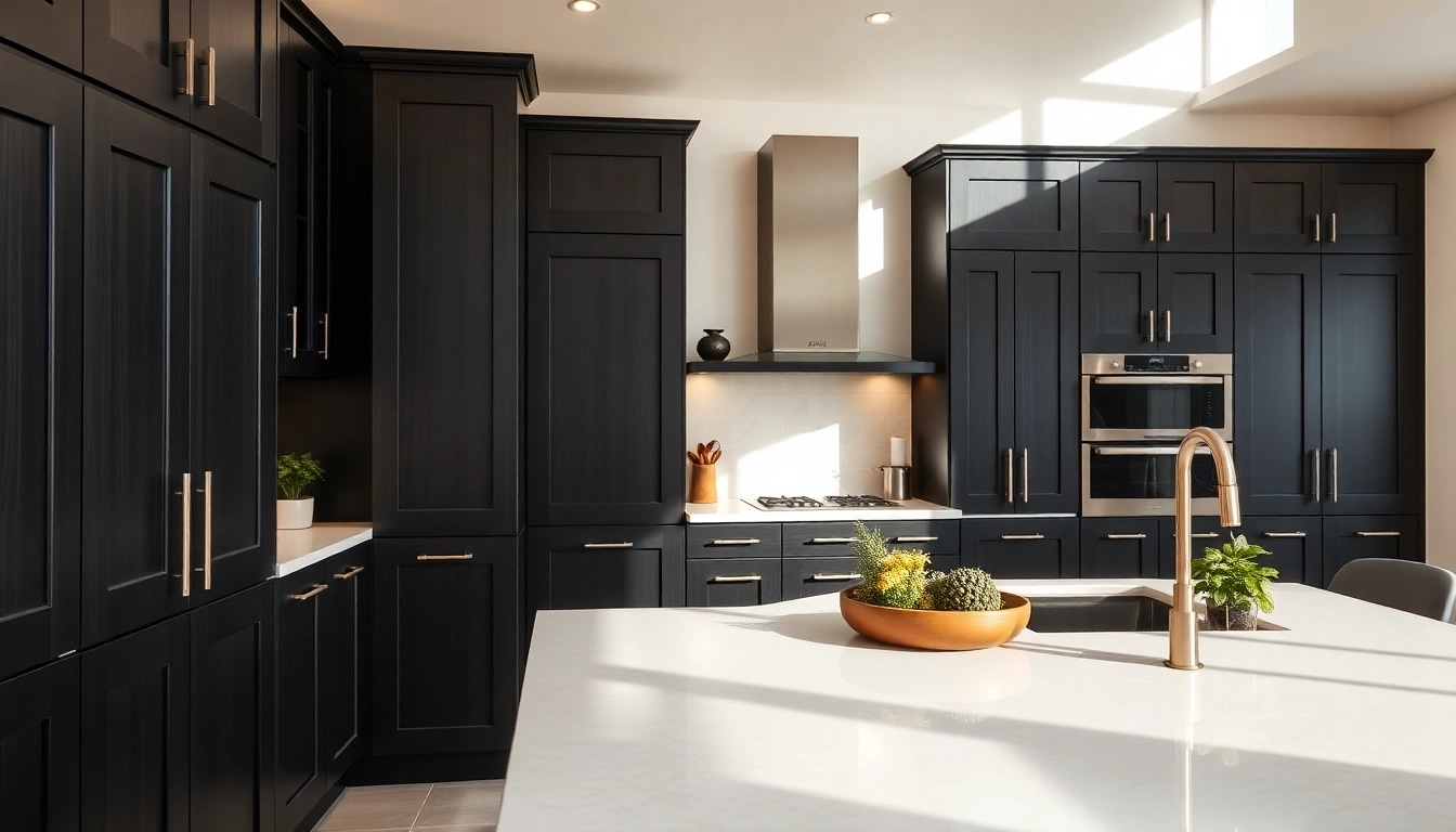 Stylish kitchen with black cabinets, highlighting their sleek design and modern aesthetic.