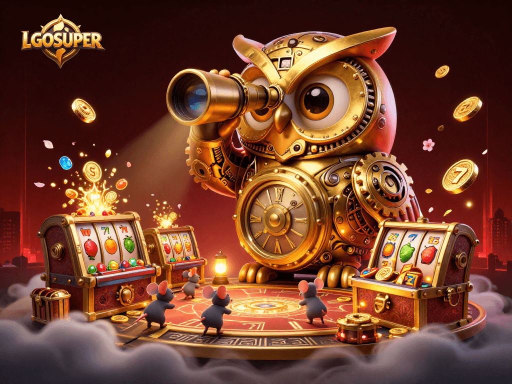 Experience the thrill of LGOSUPER as the golden owl oversees the bustling slot machines filled with treasures and action.