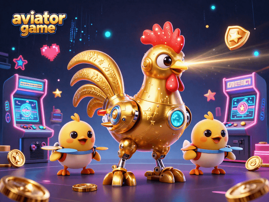 Engage with the thrilling aviator game in a vibrant 3D casino scene filled with colorful machines and golden visuals.