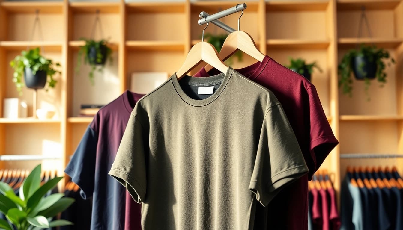 Shop stylish mens t shirts uk in a modern boutique setting with varied designs.