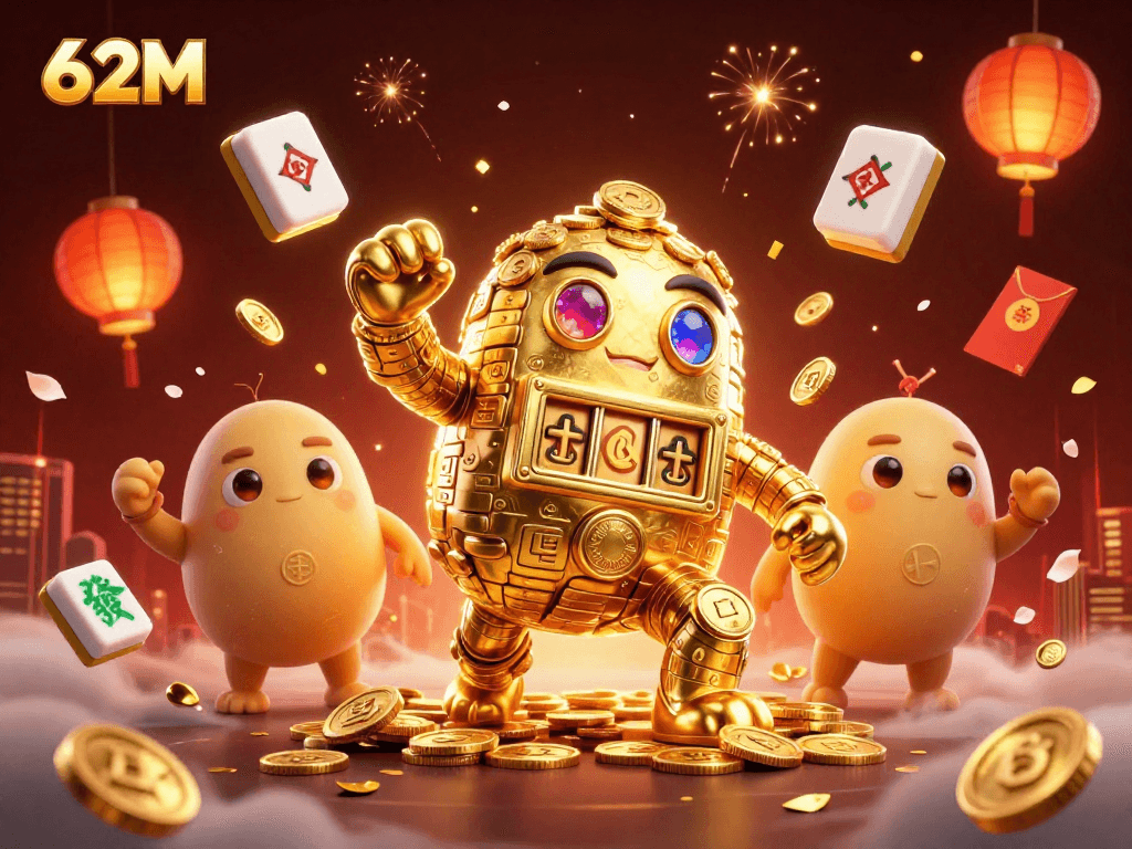 Golem dourado gira moedas e símbolos em meio a lanternas e elementos de jogo no 62M.