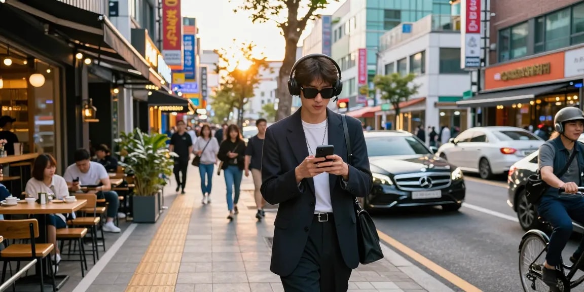 강남 세이렌 패션, 도시 풍경 속 스타일리시한 인물의 활기찬 모습
