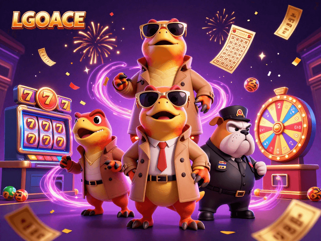 LGOACE showcases raptors in trench coats entering a casino lounge, highlighting vibrant slot reels.
