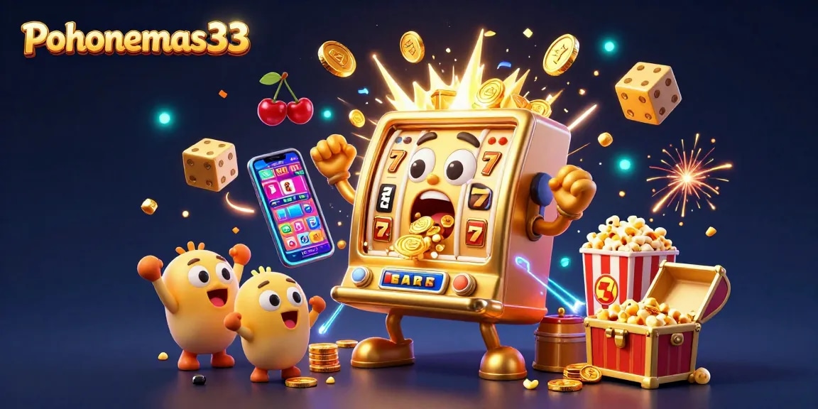 Pohonemas33 thrills as a golden slot machine hits the jackpot with coins pouring out, celebrating excitement.
