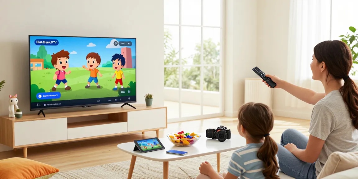 Family enjoying BlueSharkIPTV in a vibrant living room with smart TV, kids watching cartoons, parents navigating sports channels, bright and inviting atmosphere.