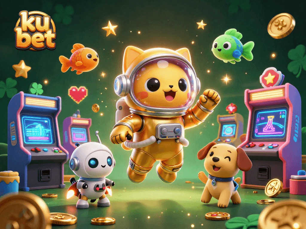 Engage with ku bet in this vibrant 3D casino scene featuring a playful astronaut cat and a robot dog.