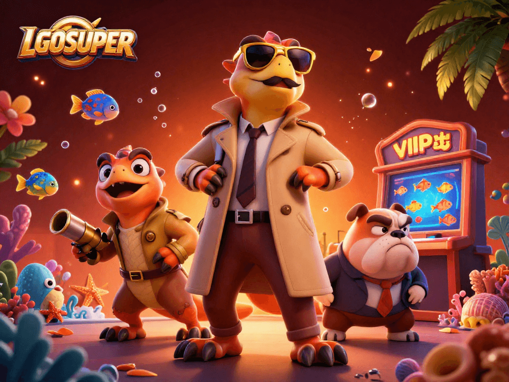 Engage with LGOSUPER's thrilling fish shooting game, featuring raptors and a bulldog bouncer in a vibrant casino lounge.