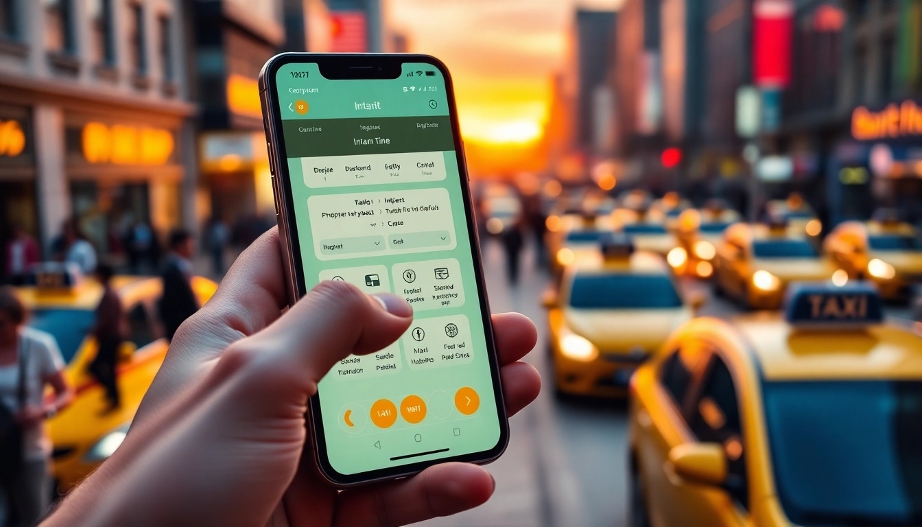 Engaging instant ride booking app showcased on a smartphone against a lively city backdrop.