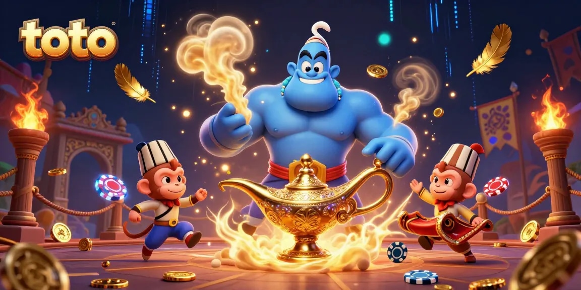Menangkan keberuntungan Anda dengan toto di kasino virtual dengan genie dan koin emas yang memikat.