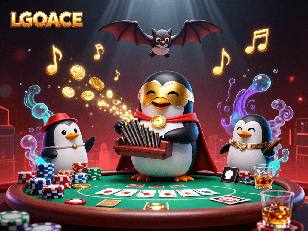 LGOACE features a thrilling casino scene with a phantom penguin playing an organ amidst poker action.