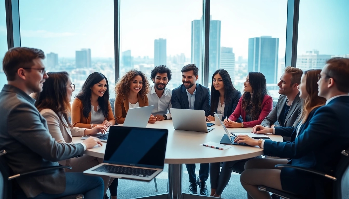 Staffing agencies professionals collaborating in a modern office environment.