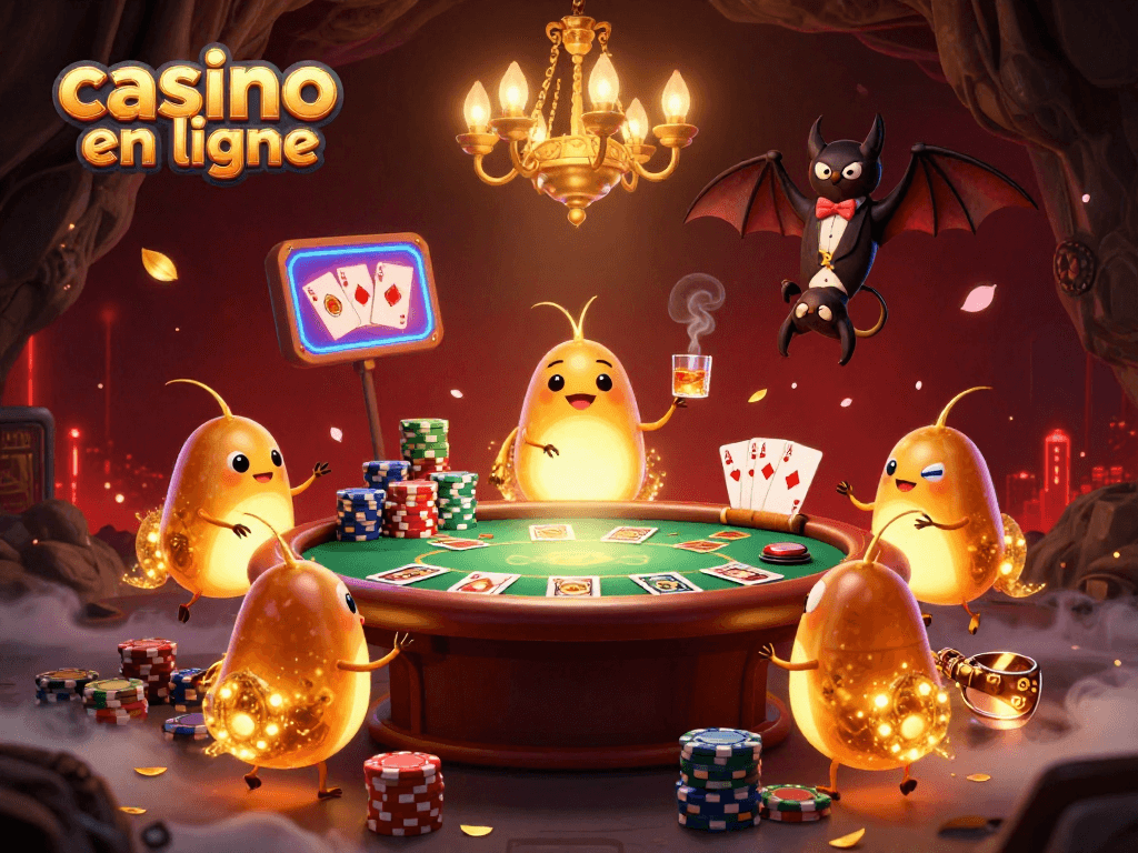 Jouez au casino en ligne avec une scène captivante de vers luisants illuminant une salle de poker.