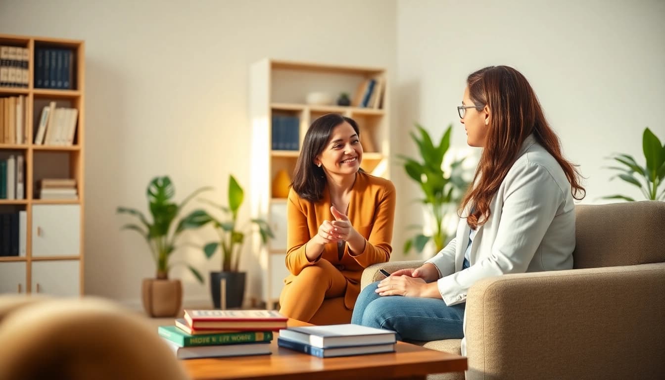Engaging scene of Life Coaching session in a serene office, highlighting client interaction.